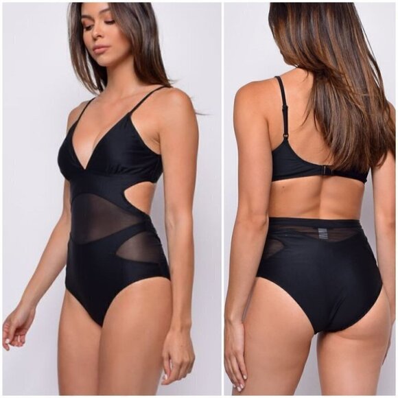 Envya Black Mesh Cut Out Sides One Piece Swimsuit XS - Picture 2 of 8